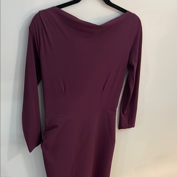 Purple Midi Sheath Dress with 3/4 Sleeves and Asymmetrical Neckline for Cocktail - Picture 4 of 5